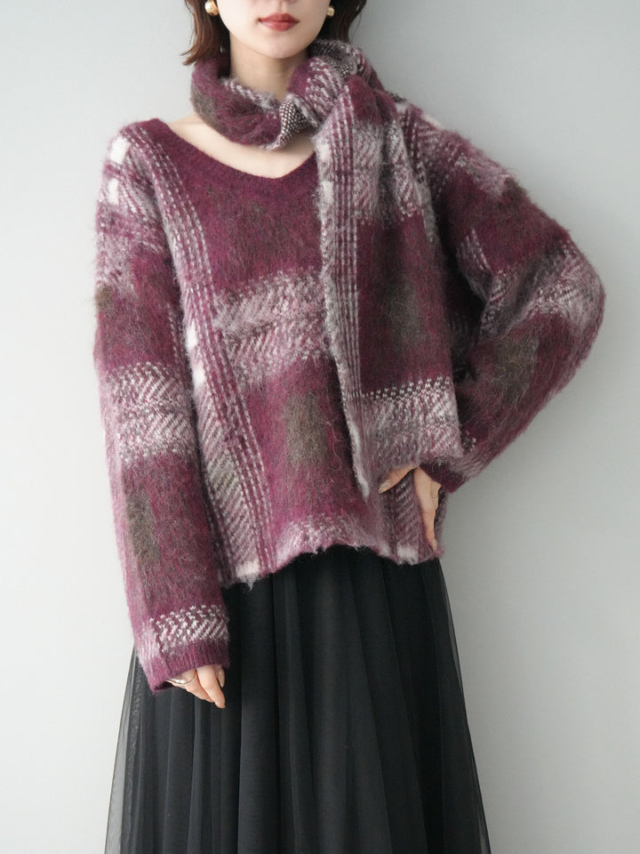 [予約]ストール付シャギーチェックニットプルオーバー/red