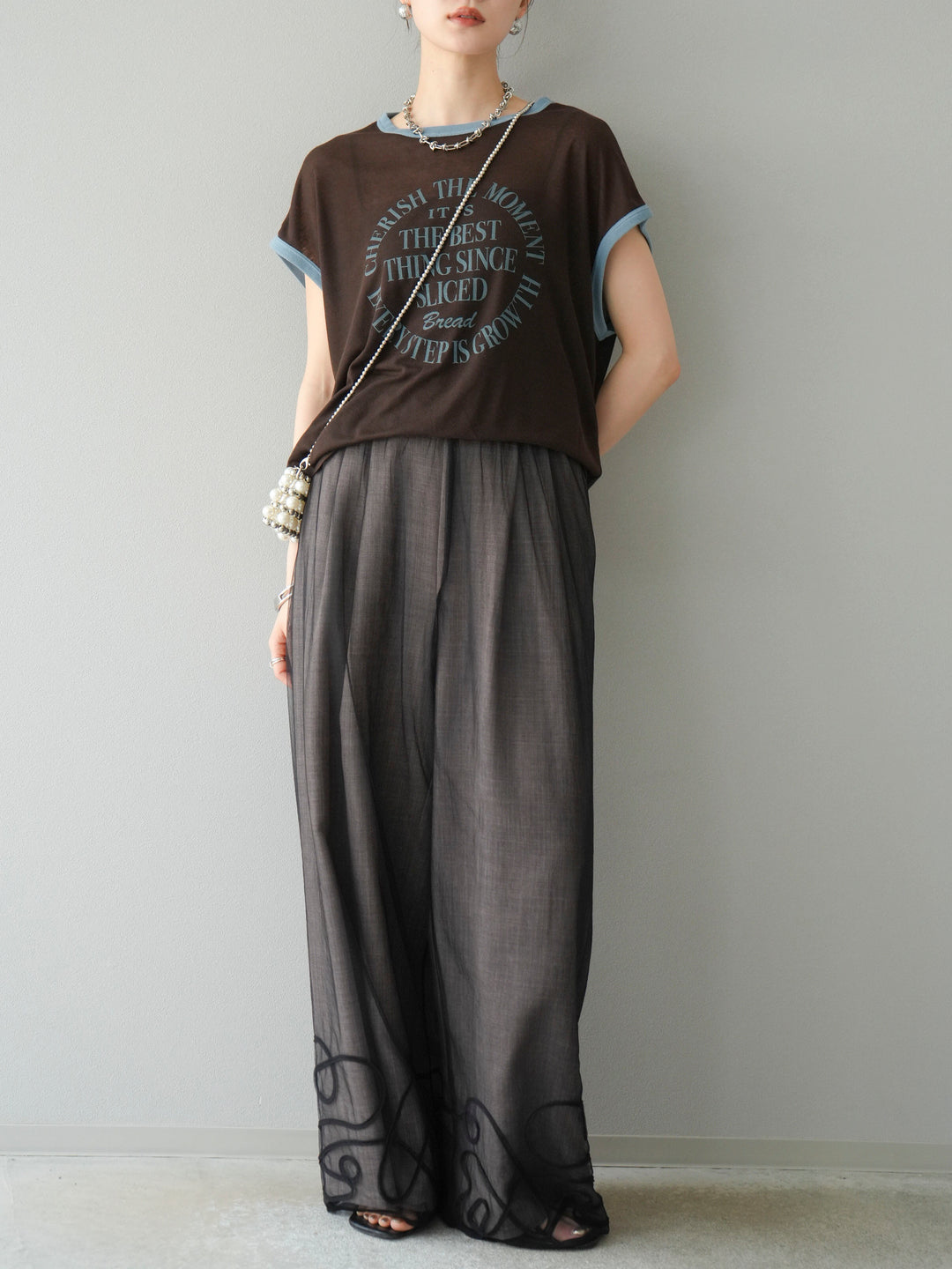 [SET]シアーフライス ロゴプリントT +コード刺繍チュールレイヤードパンツ(2set)