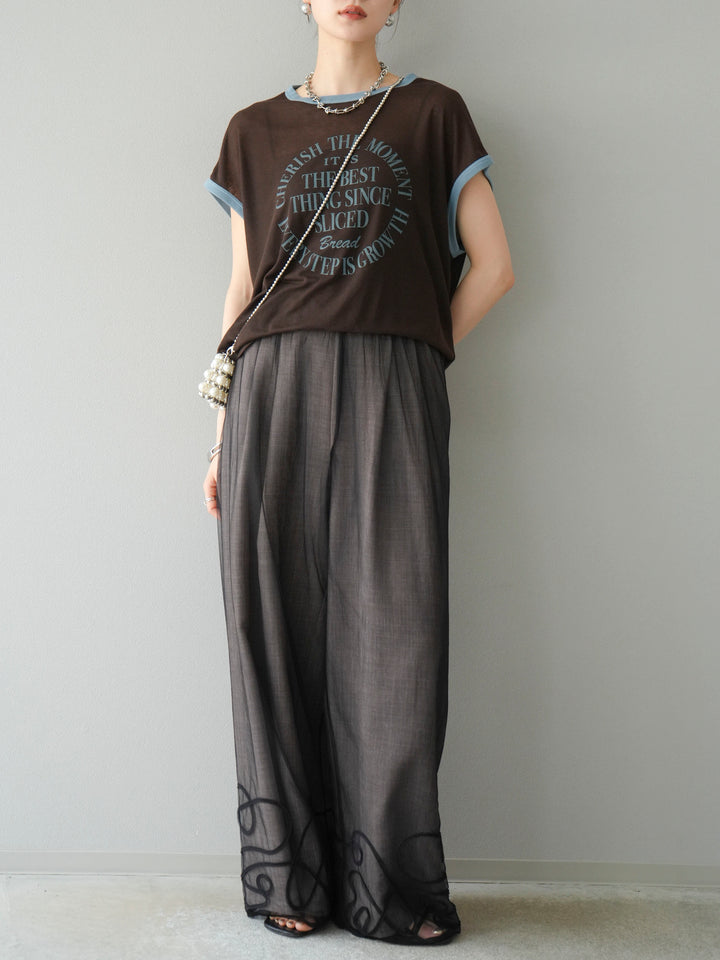 [SET]シアーフライス ロゴプリントT +コード刺繍チュールレイヤードパンツ(2set)