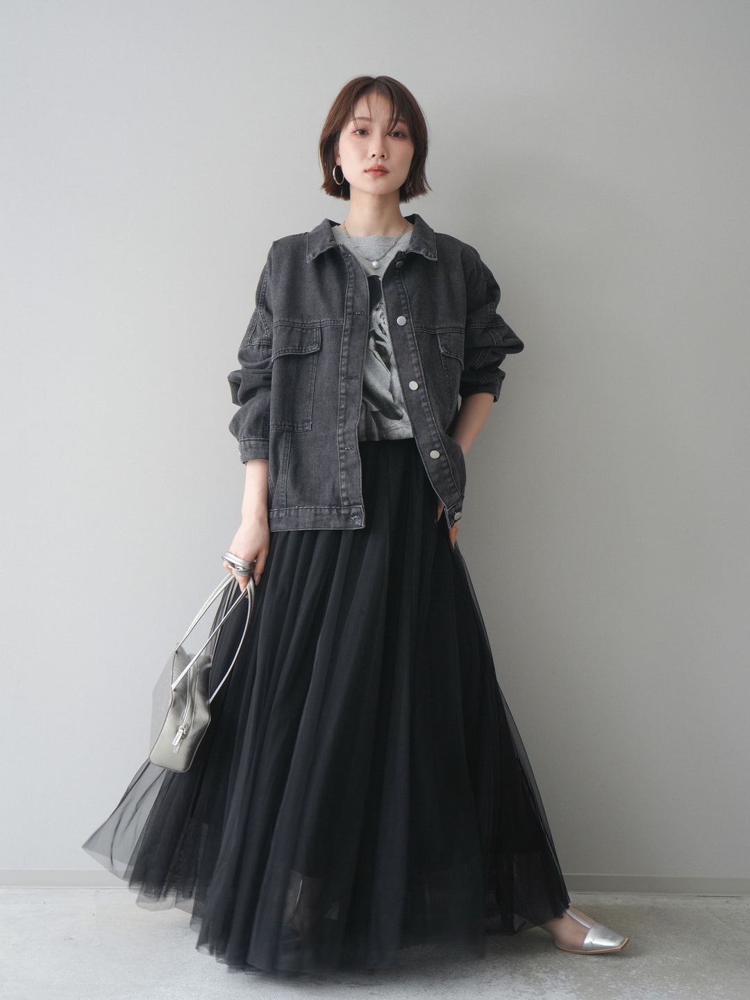 [SET]ルーズシルエットデニムジャケット+チュールボリュームスカート(2set)