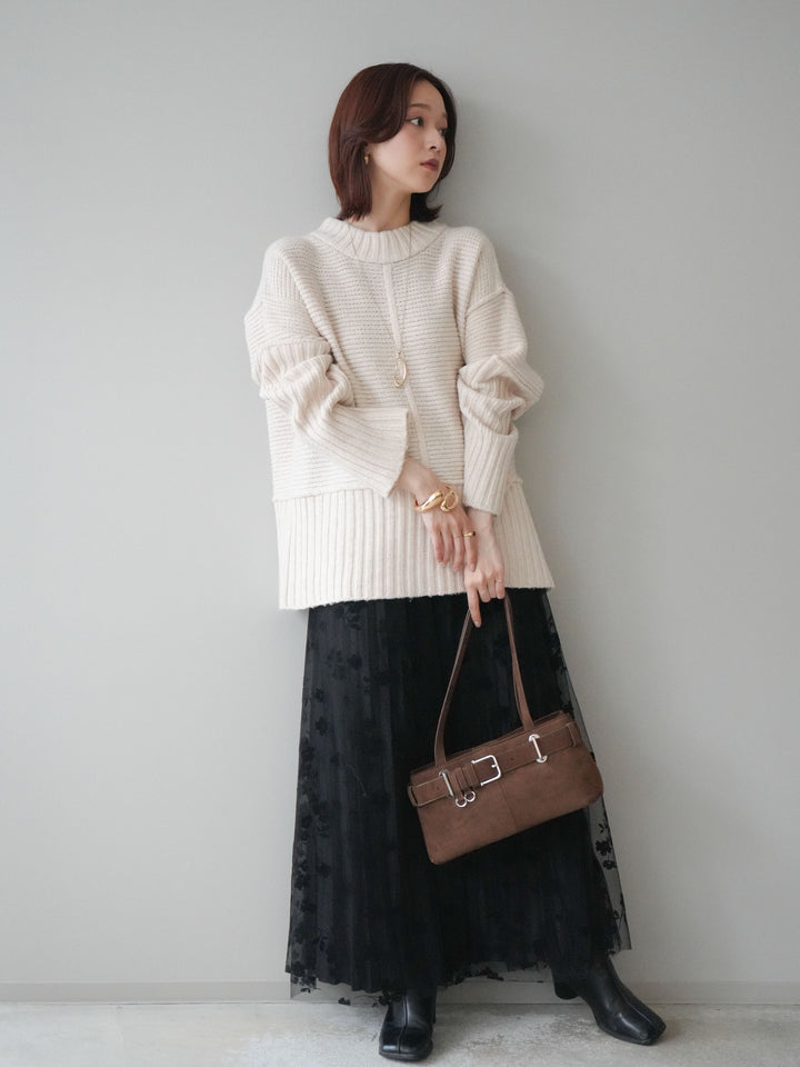 [SET]編み地切替ボトルネックニットプルオーバー+フラワーフロッキーチュールプリーツスカート(2set)