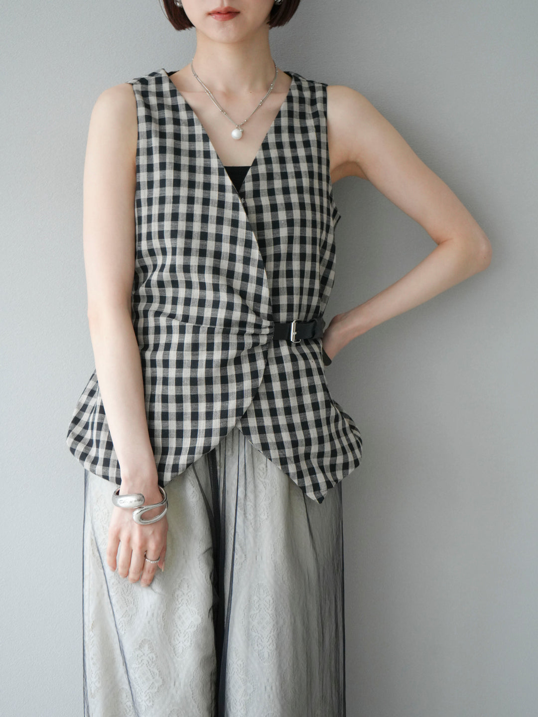 [SET]ベルトデザインバルーンブラウス+レースタックイージーパンツ(2set)