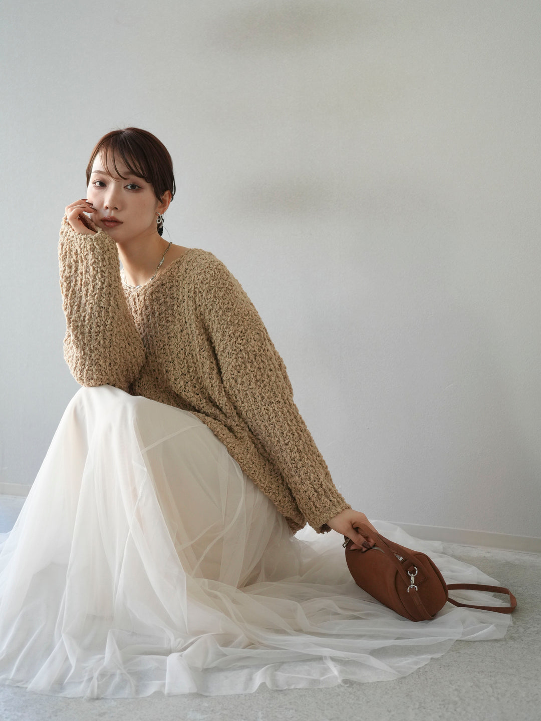 [予約]ポコポコVネックニットプルオーバー/ベージュ
