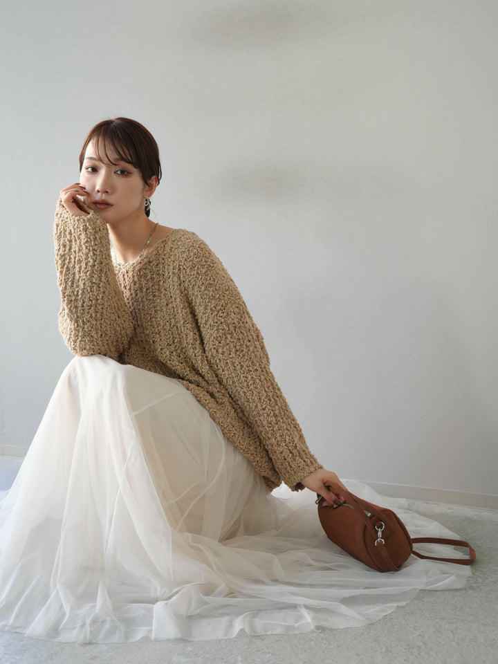 [予約]ポコポコVネックニットプルオーバー/ベージュ