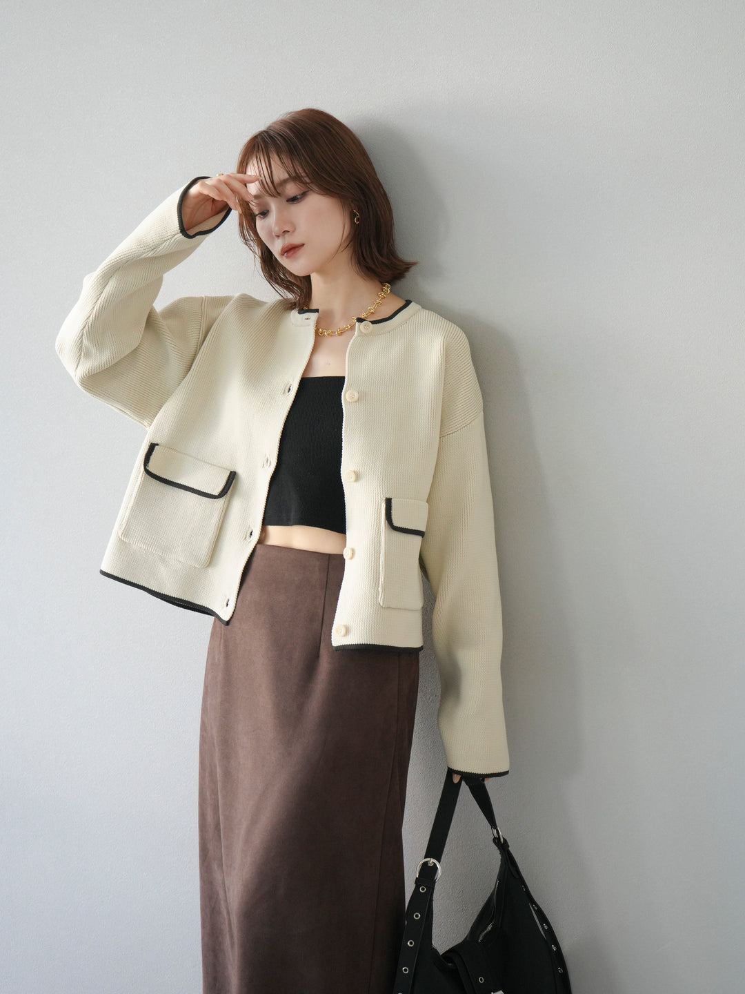 [予約]ポリエステル配色クルーネックカーディガン/アイボリー