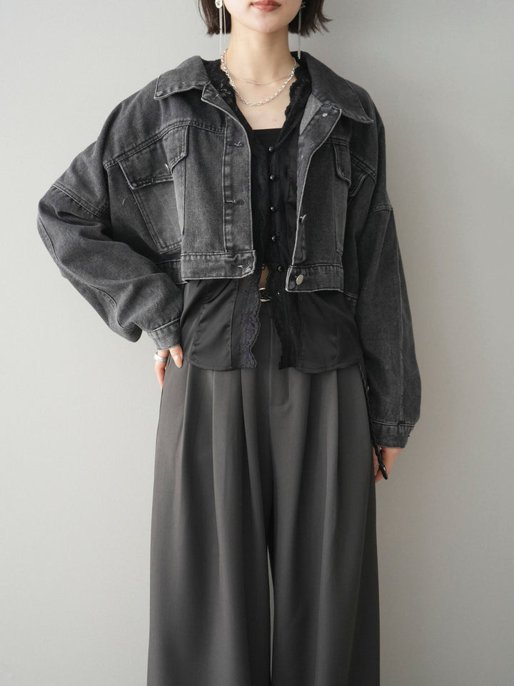 [SET]デニムショートシャツジャケット+ノースリサテンレースキャミソール+編み込みベルト付タックワイドパンツ(3set)