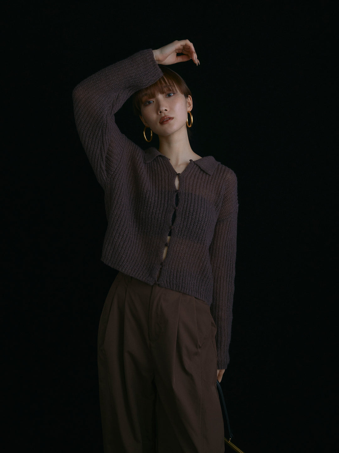 【Allure】[SET]起毛片畦編みシアーポロニット+タフタワイドカーブパンツ(2set)