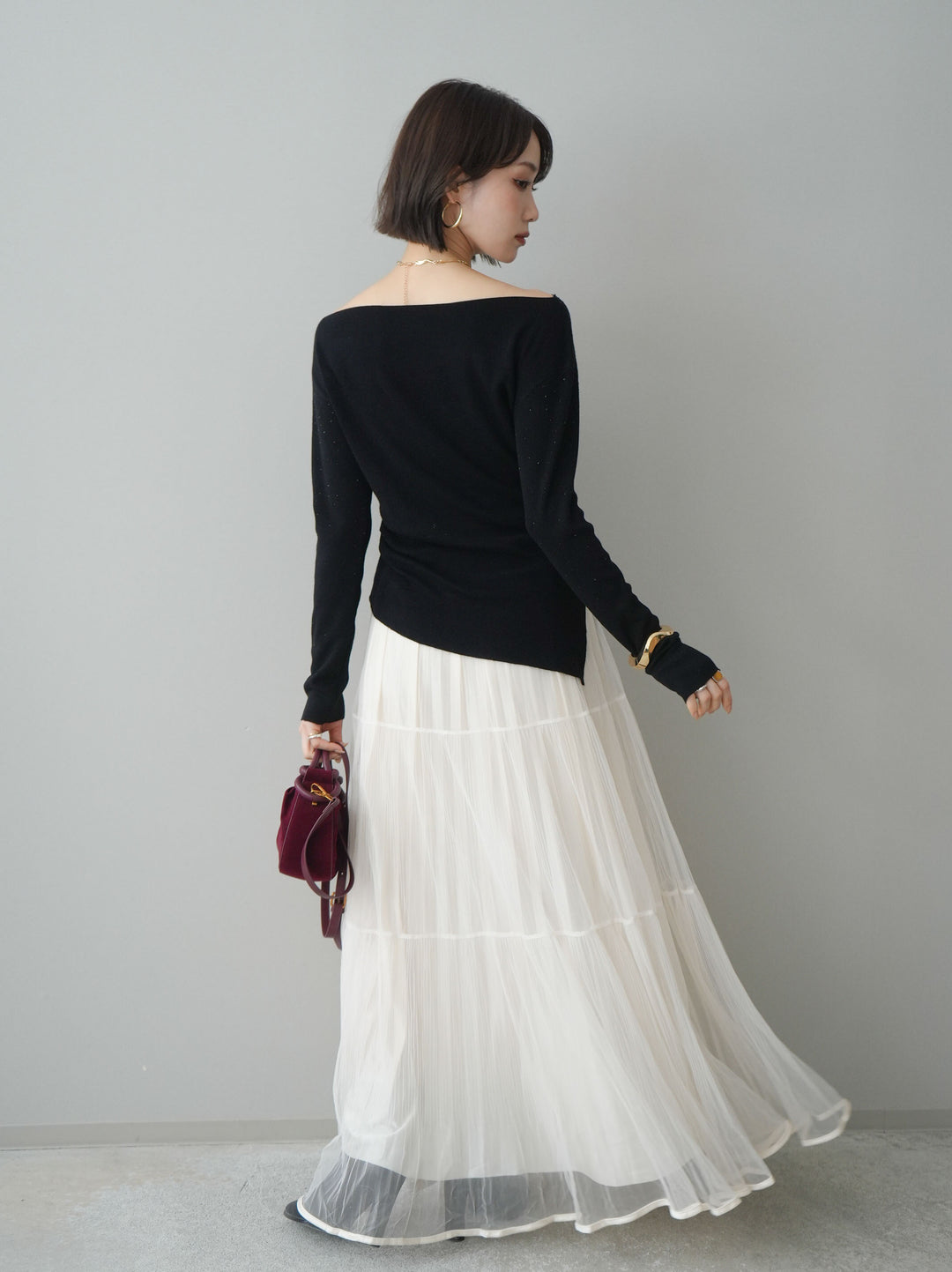 [予約]ラメプリーツレイヤードチュールロングスカート/ivory