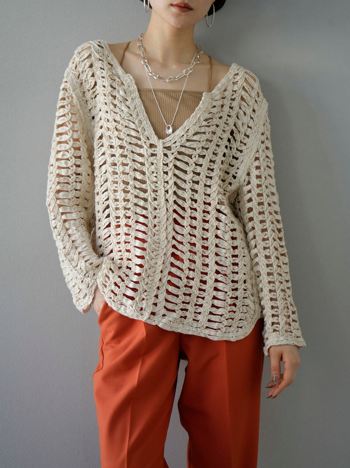 [Pre-order] Tape yarn openwork loose knit pullover/natural
