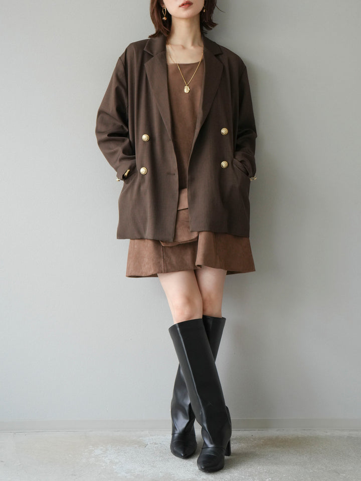 [SET]ゴールドボタンツイルダブルテーラードジャケット+ショルダーポーチ付スウェードミニワンピース(2set)