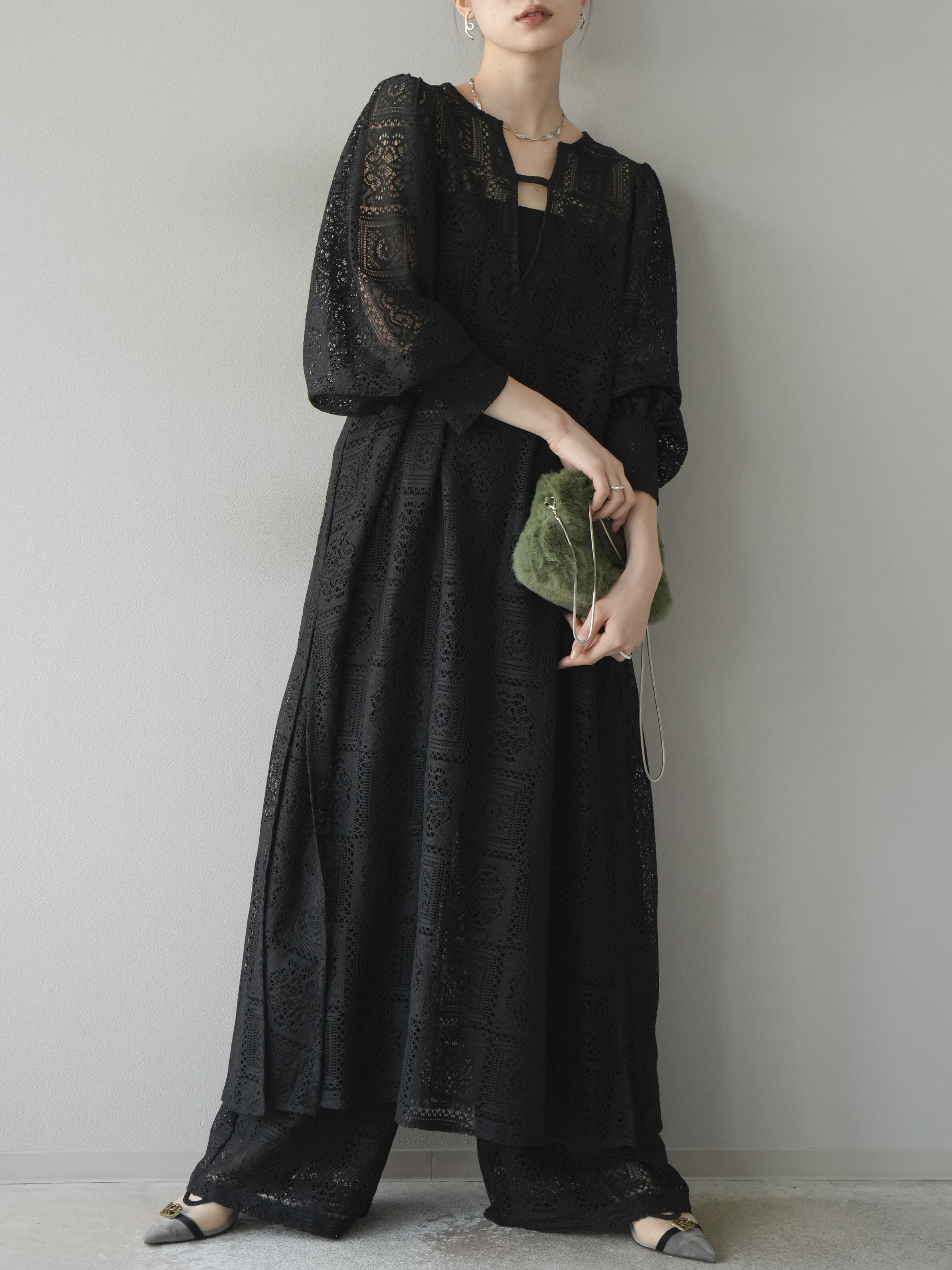 SET]ブロックレースボリュームスリーブワンピース+ブロックレース