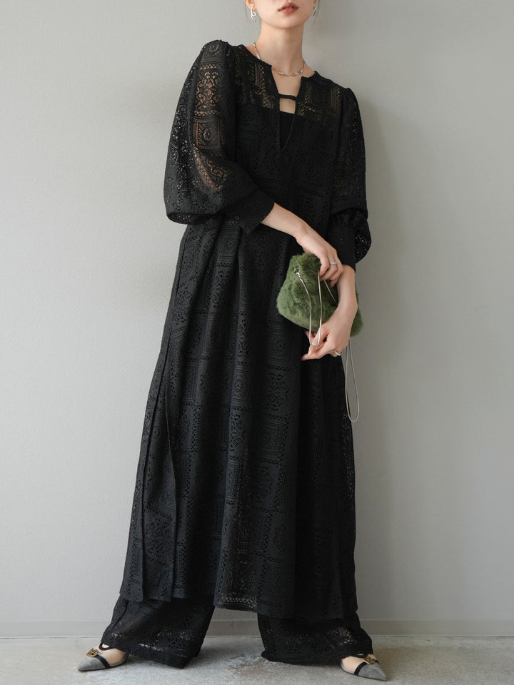 【套裝】塊蕾絲捲袖洋裝+塊蕾絲寬褲（2套）