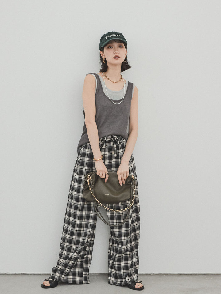 【SET】雙色疊穿針織背心+格紋寬褲（2套）