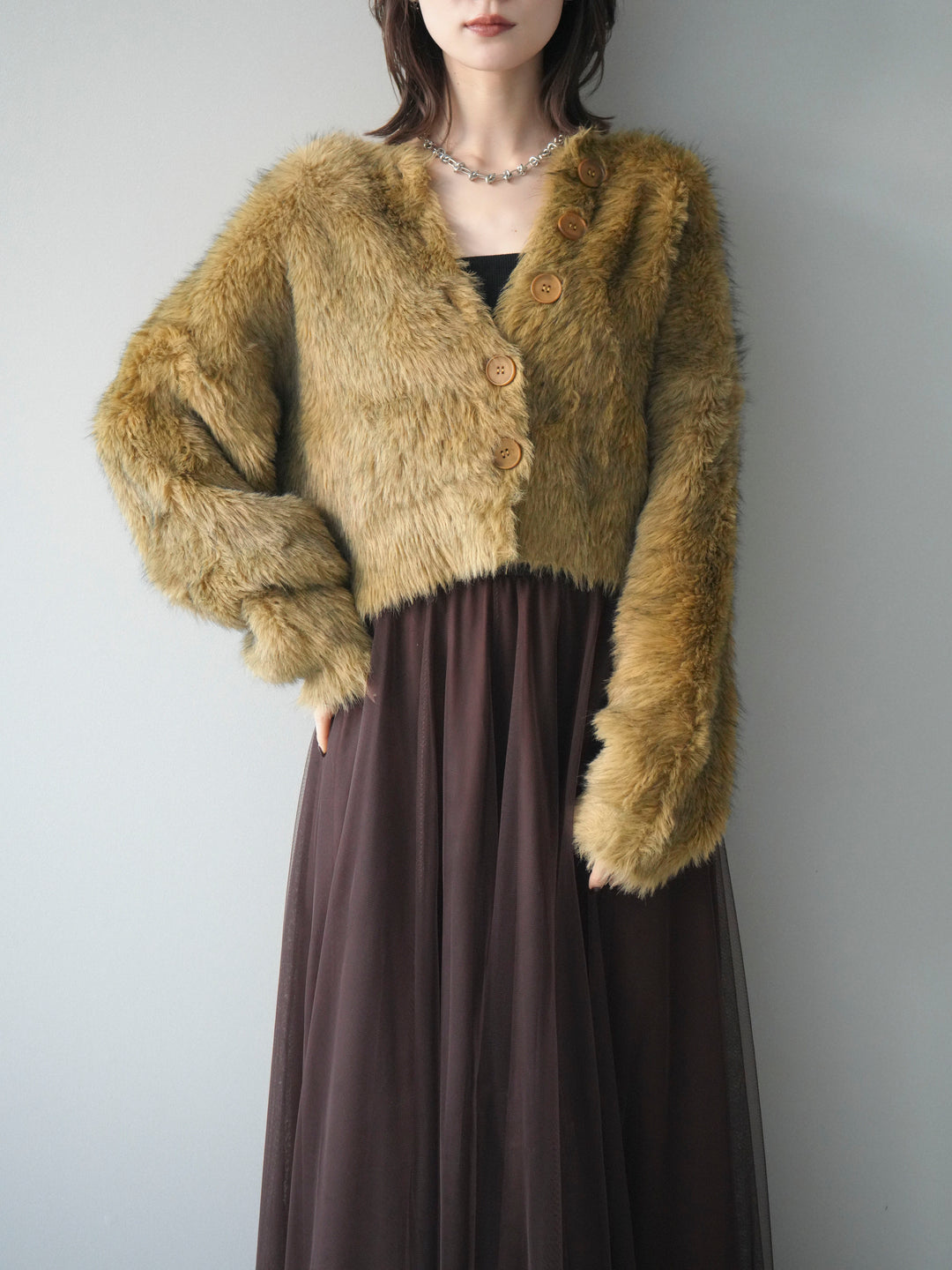 [予約]ミックスシャギーショートニットカーディガン/green