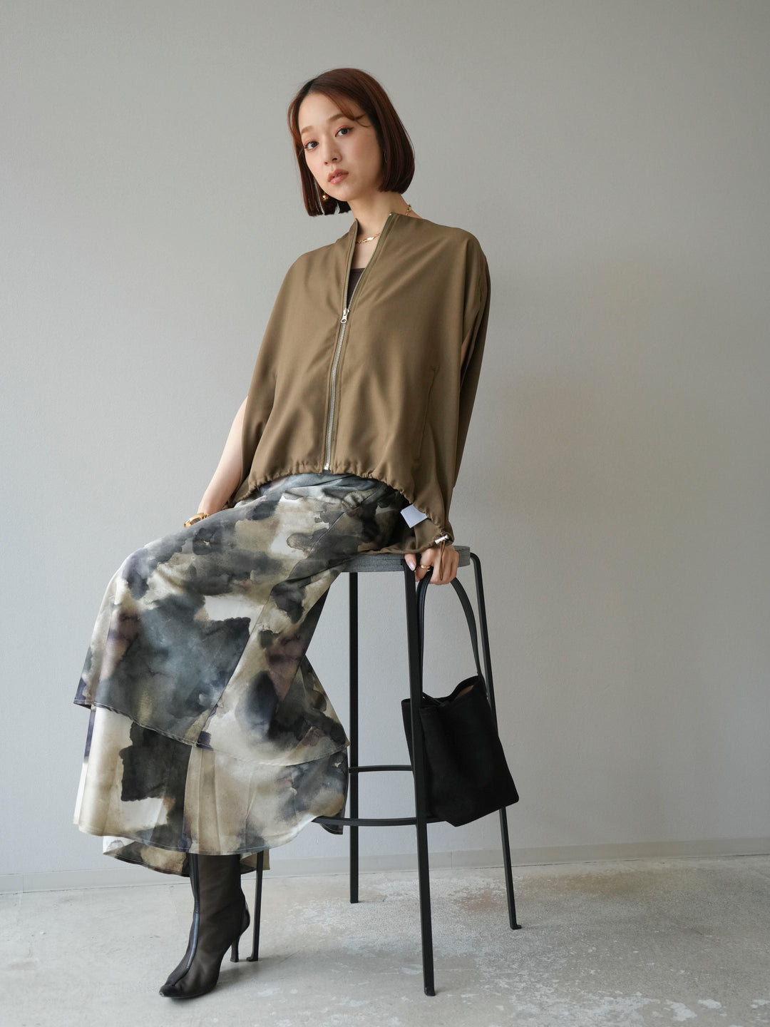 [予約]スリーブレスドロストZIPブルゾン/ブラウン