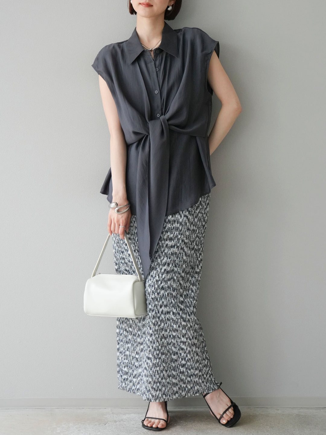 [SET]フロントタイシアーブラウス+マルチカラーランダムプリーツタイトスカート(2set)