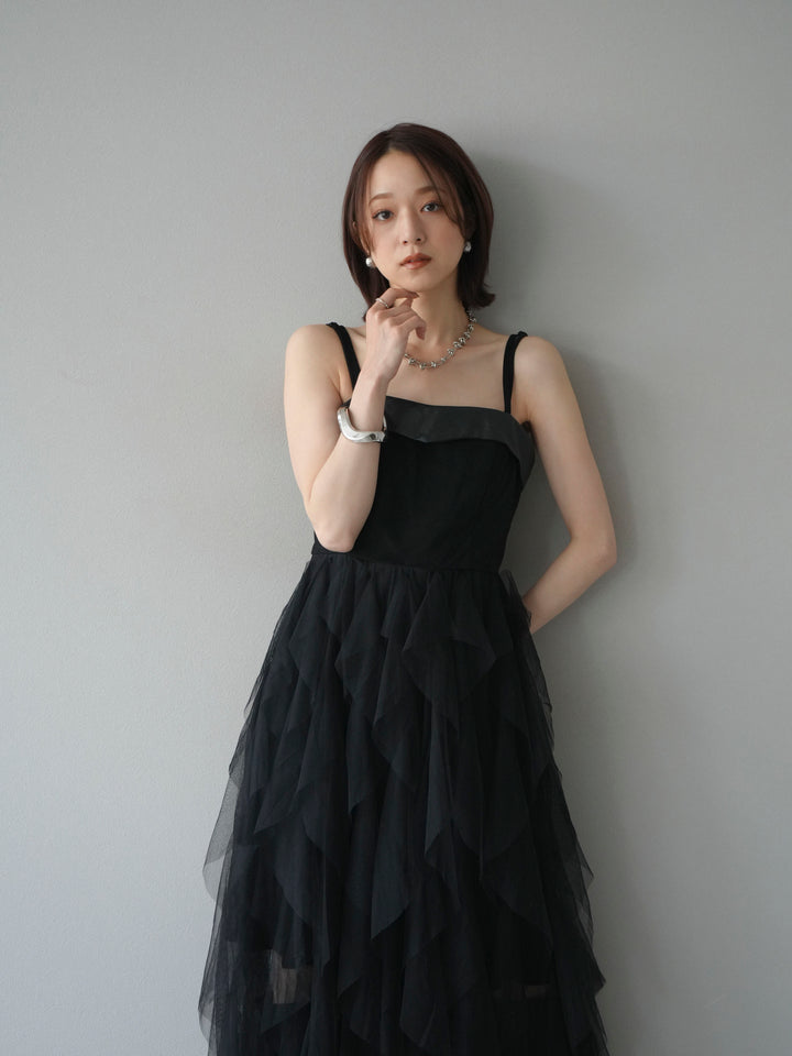 [予約]レザー切替チュールラッフルワンピース/black