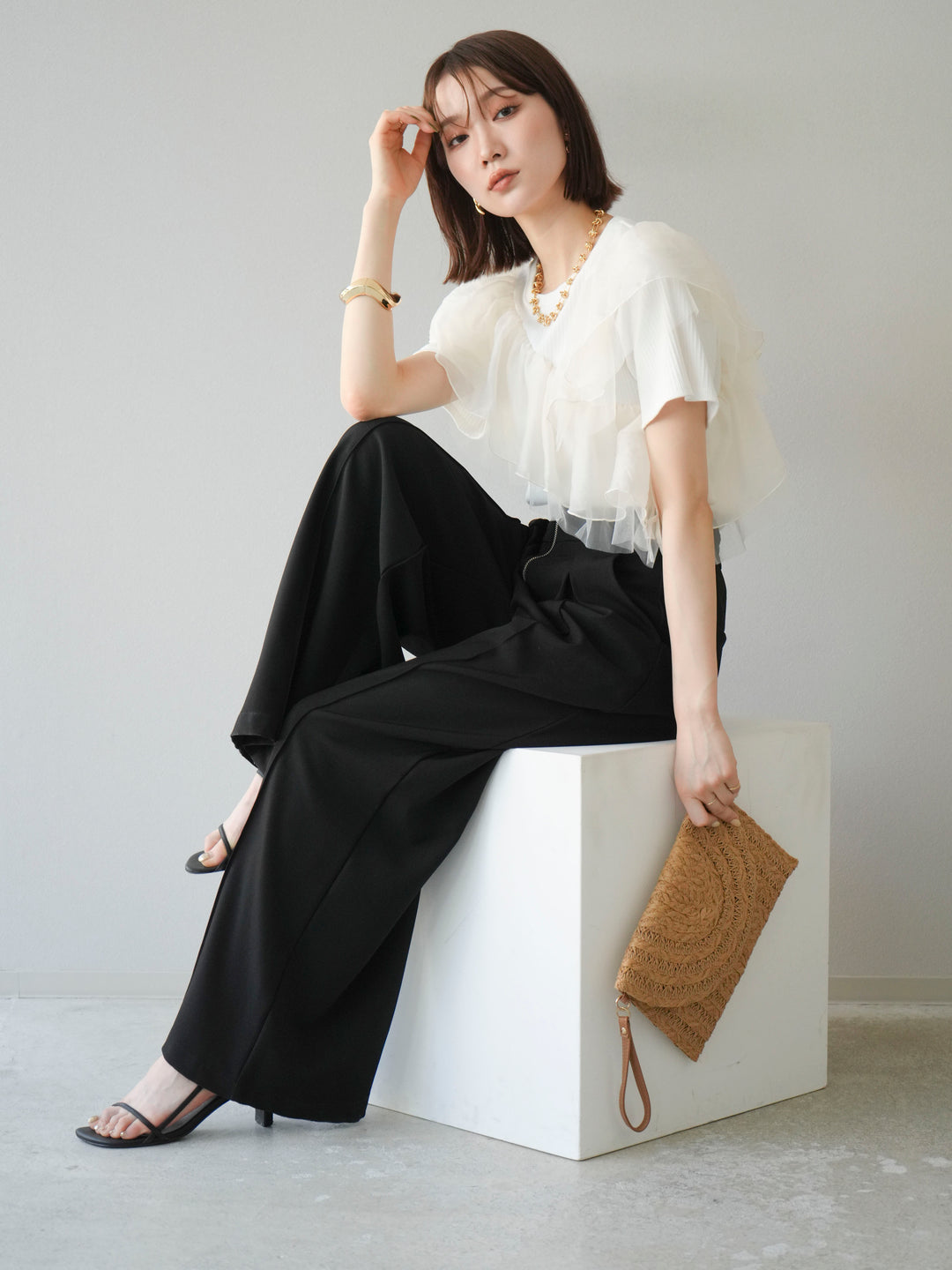 [予約]アシメフリルドッキングカットソー/オフホワイト