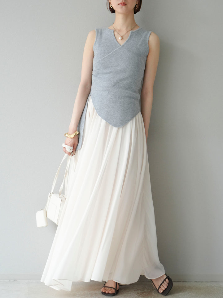 [SET]カシュクールノースリーブニットトップス+シフォンフレアスカート(2set)