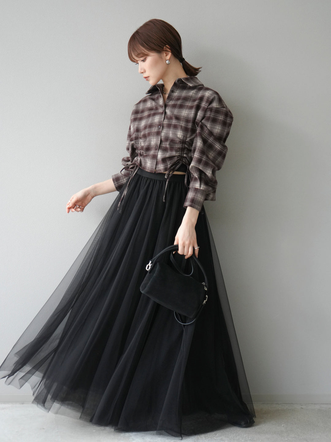 [予約]ドロストクロップネルチェックドシャツ/ブラウン