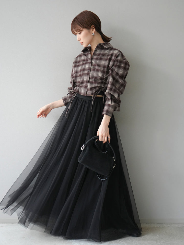 [予約]ドロストクロップネルチェックドシャツ/ブラウン