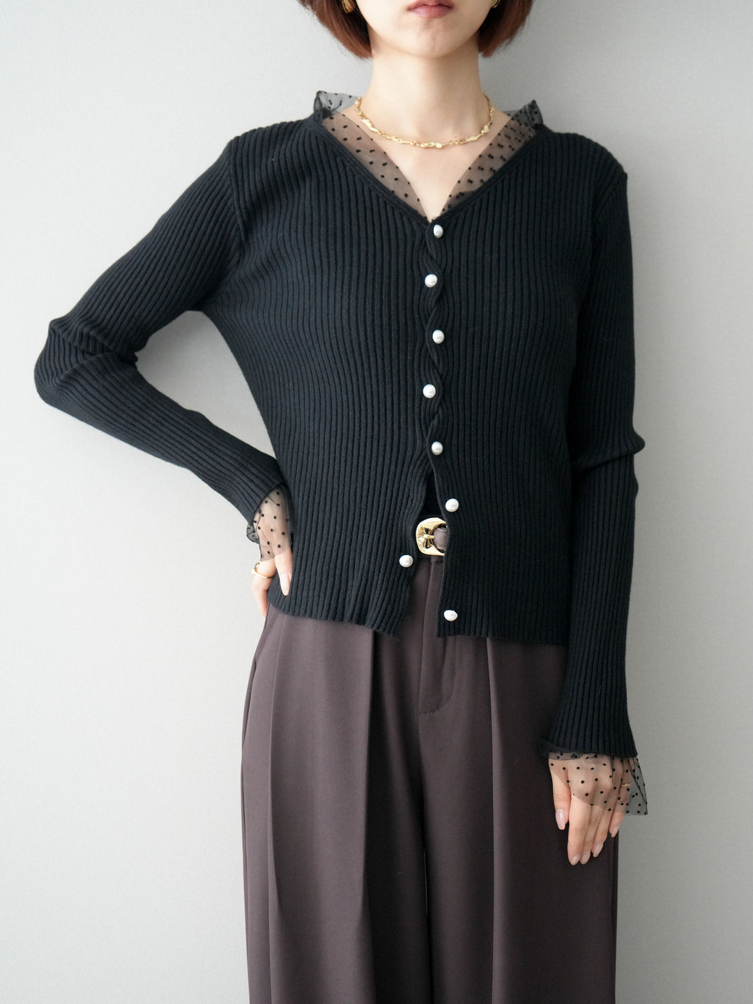 [SET]チュールドッキングパールボタンニットカーディガン+選べるアクセセット(2set)