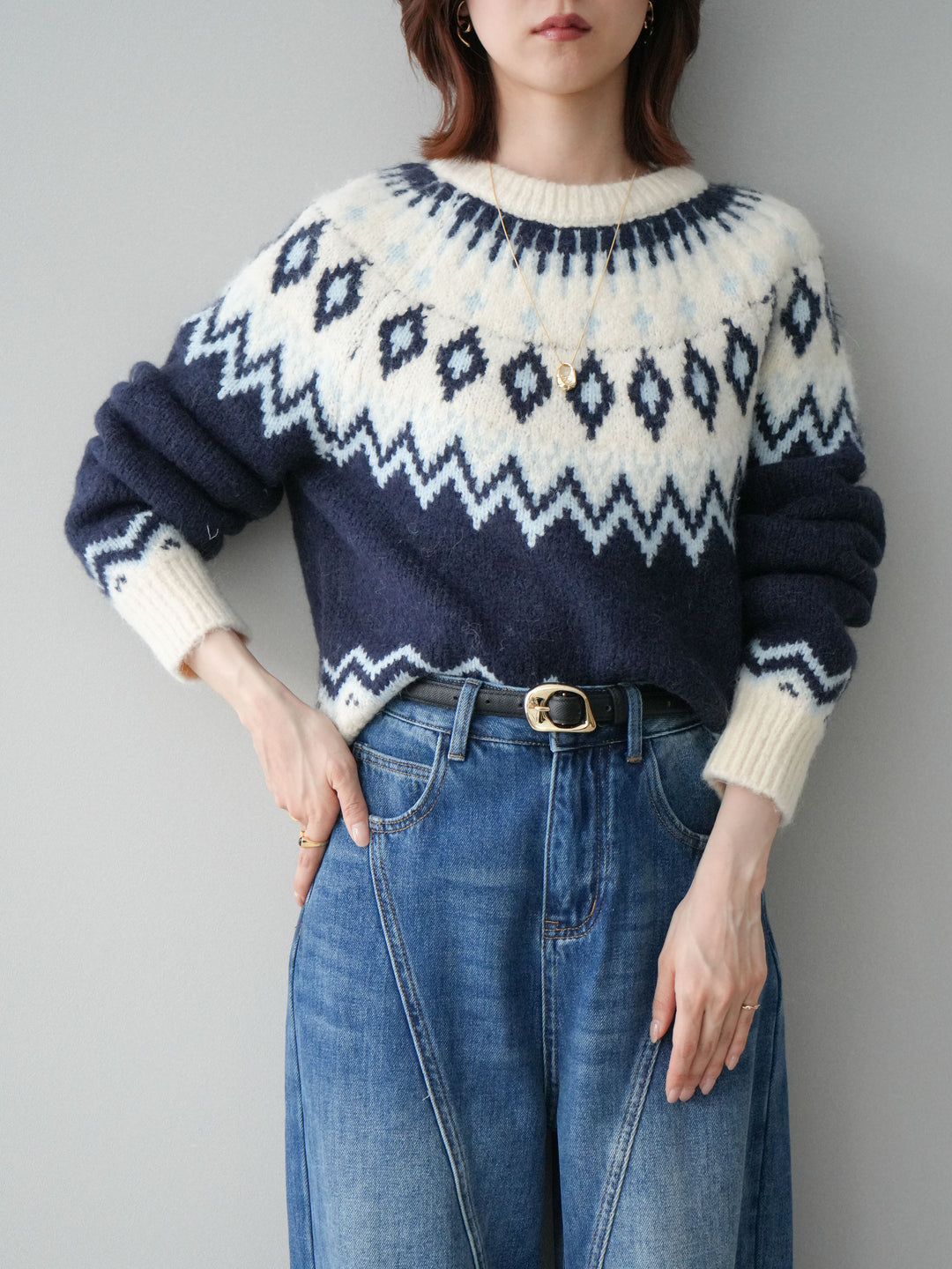 [予約]ノルディック柄ニットプルオーバー/navy