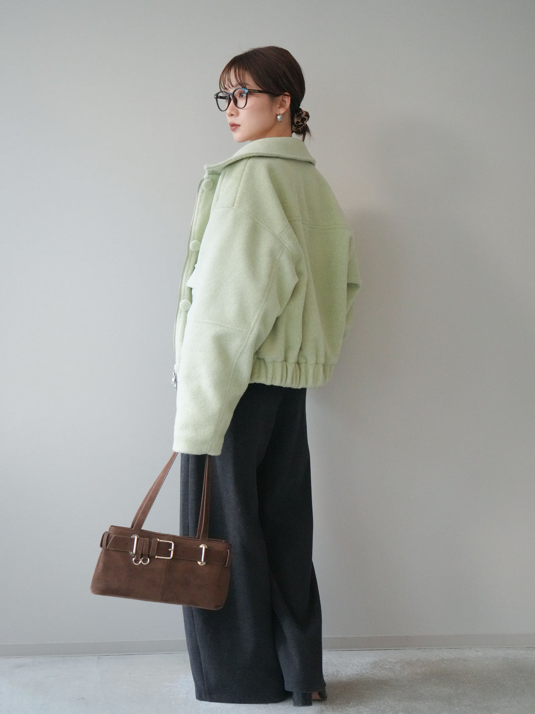 [SET]ウールライクフライトジャケット+アニマル柄ベルト付きウールタッチワイドパンツ(2set)