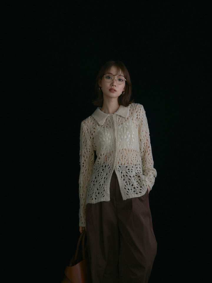 【Allure】[SET]ローゲージ透かし編みポロニッカーディガン+タフタワイドカーブパンツ(2set)