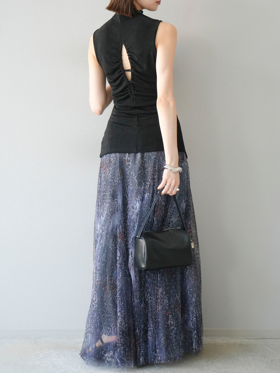 [予約]ニュアンス柄チュールレイヤードプリーツスカート/ネイビー