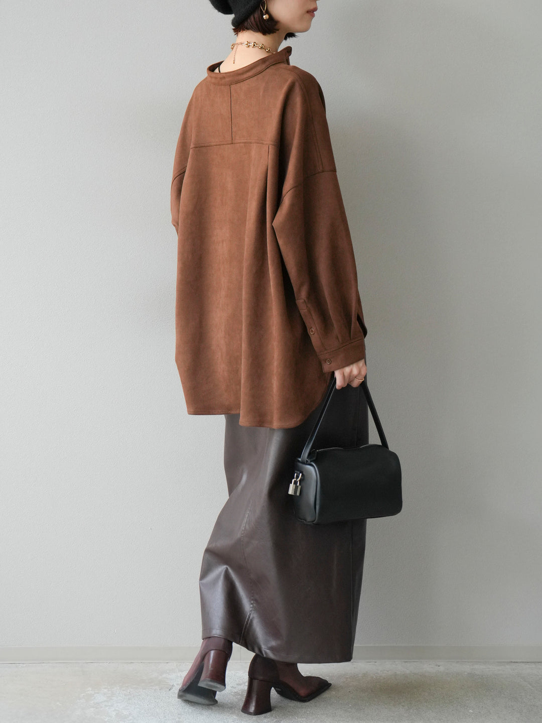 [予約]フェイクレザーフロントスリットスカート/ブラウン