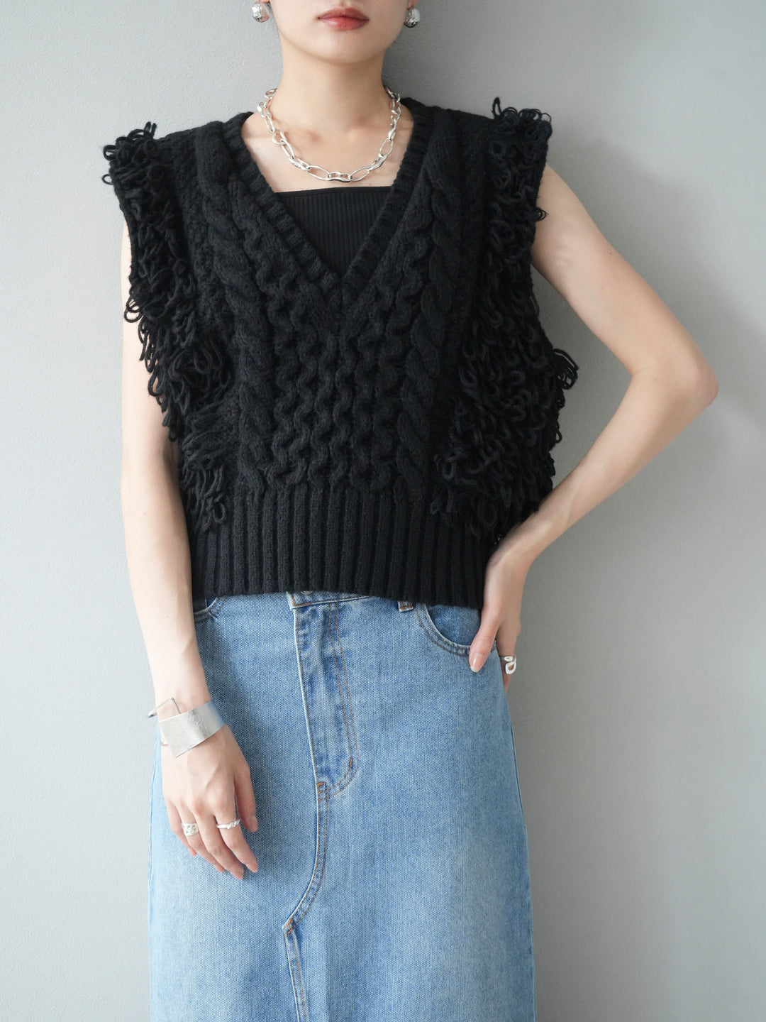 [予約]ループミックス編みニットベスト/ブラック