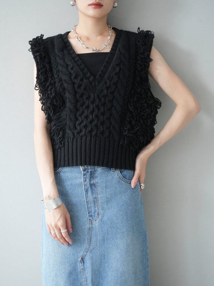 [予約]ループミックス編みニットベスト/ブラック