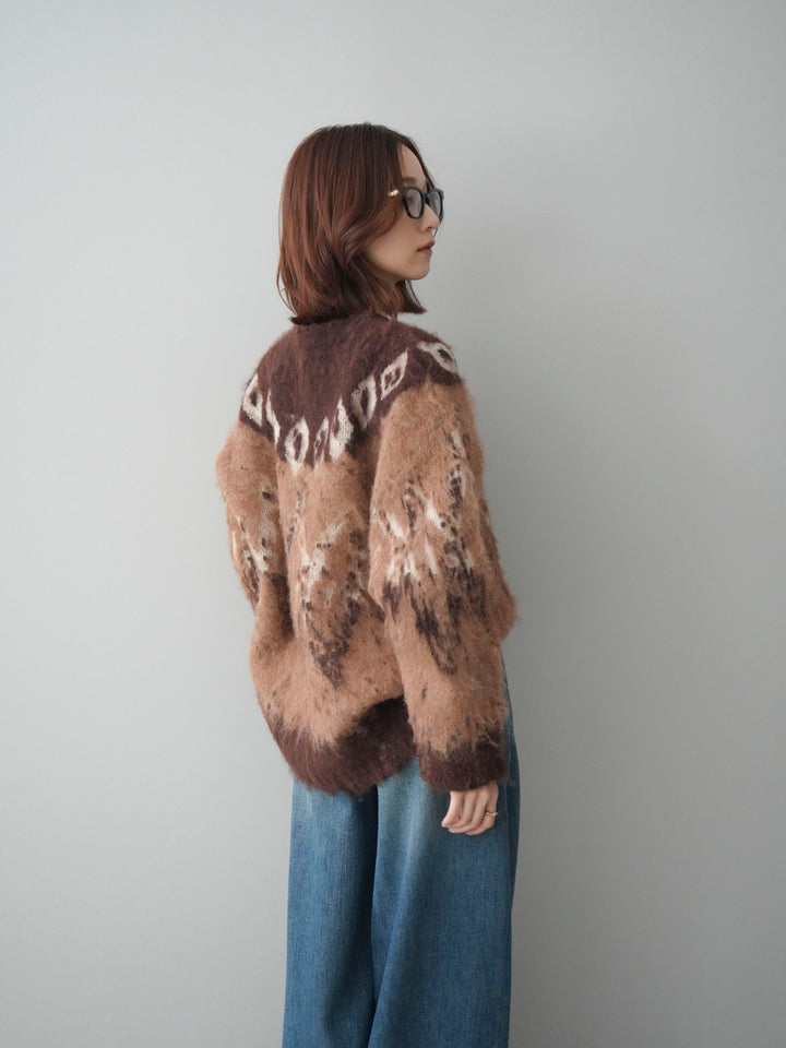 [SET]シャギーニュアンス柄ニットプルオーバー+ベルト付裏起毛カーブデニムパンツ(2set)