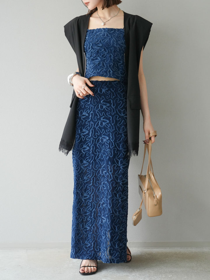 [予約]パイピングフラワーシアーベロアスカート/ネイビー