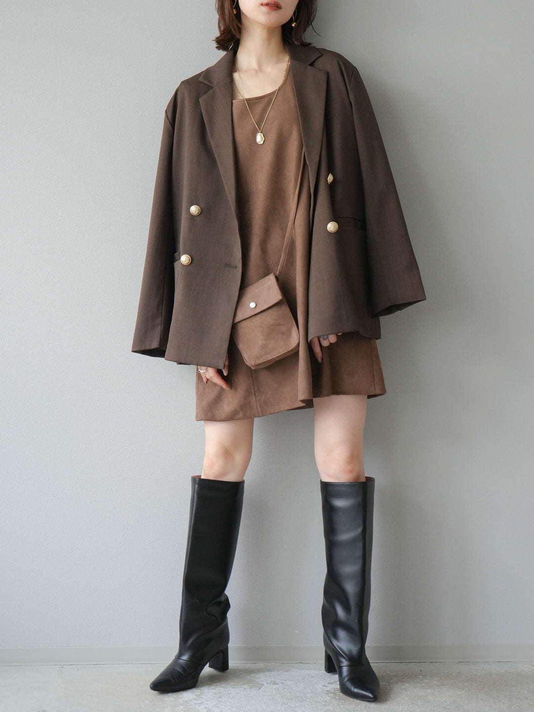 [予約]ゴールドボタンツイルダブルテーラードジャケット/ブラウン