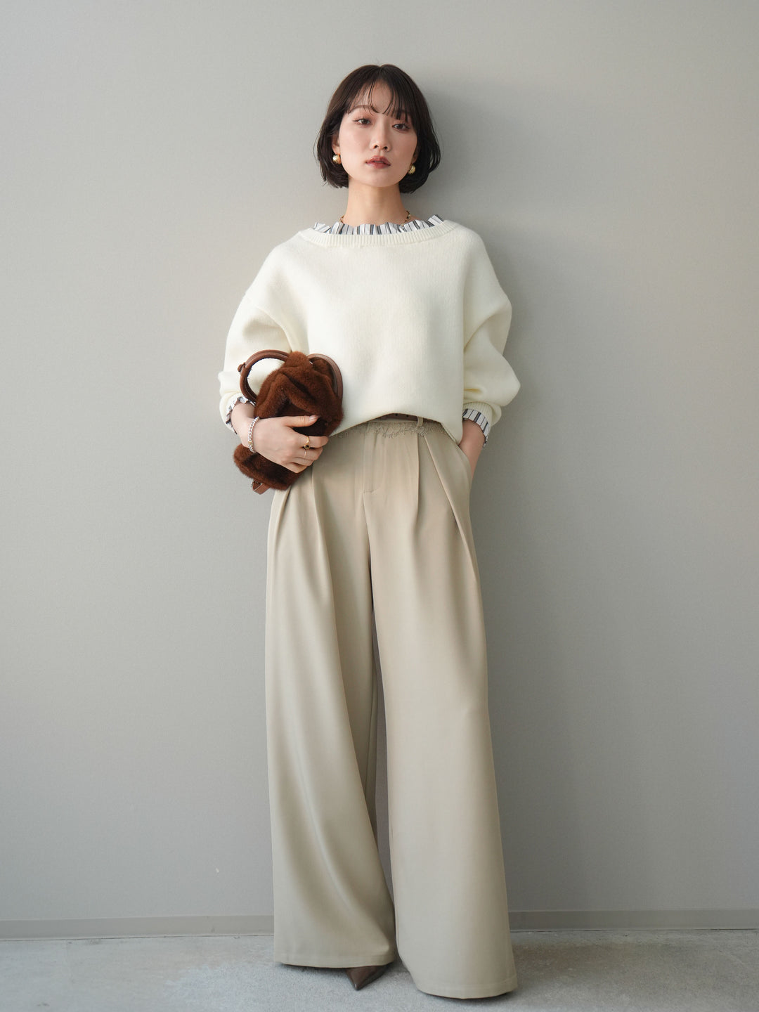 [予約]ウエストレースタックワイドパンツ/ivory