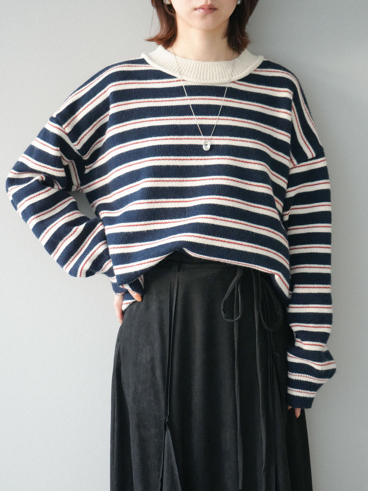 [予約]モックネックボーダーニットプルオーバー/navy