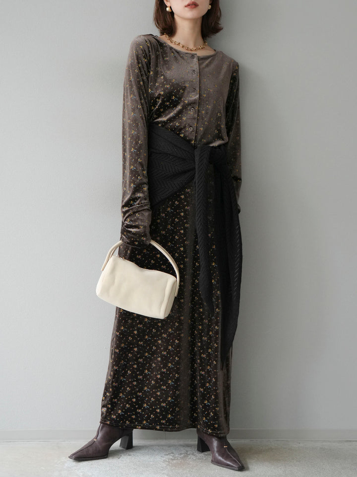 [SET]ベロアフラワープリントカーディガン+ベロアフラワープリントIラインスカート(2set)