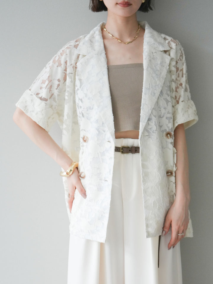 【套裝】花朵蕾絲短袖外套+垂褶收腰帶環長褲（兩件套）