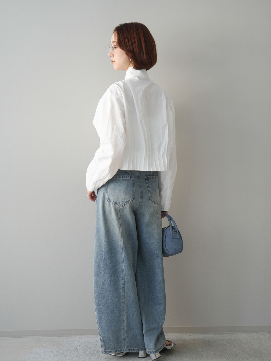 [SET]ボウタイ裾プリーツライトジャケット+フロントビジューカーブデニムパンツ(2set)