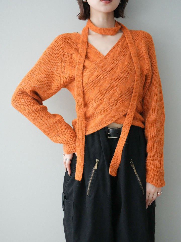 [予約]ケーブル編みクロスニットトップス/orange