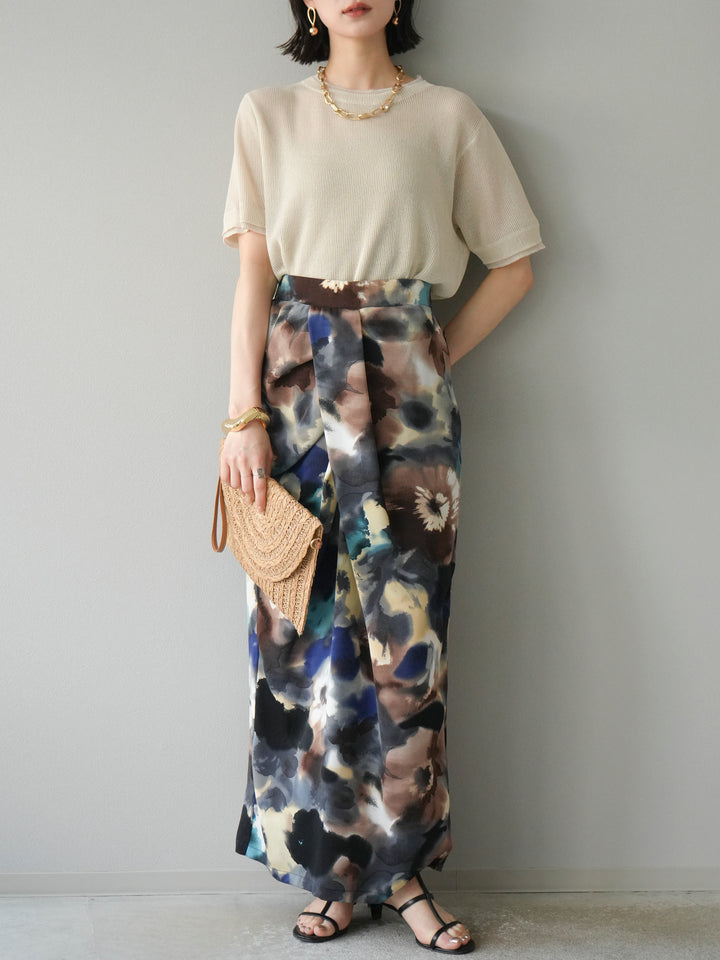 [SET]リネンタッチ配色二重臼ハーフニットトップス+選べるアソート柄スカートセット(2set)