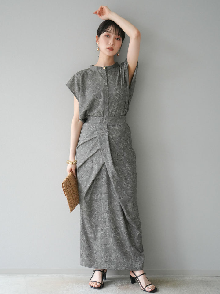 [SET]ペイズリープリントゴールドボタンブラウス+ペイズリープリントタックIラインスカート(2set)