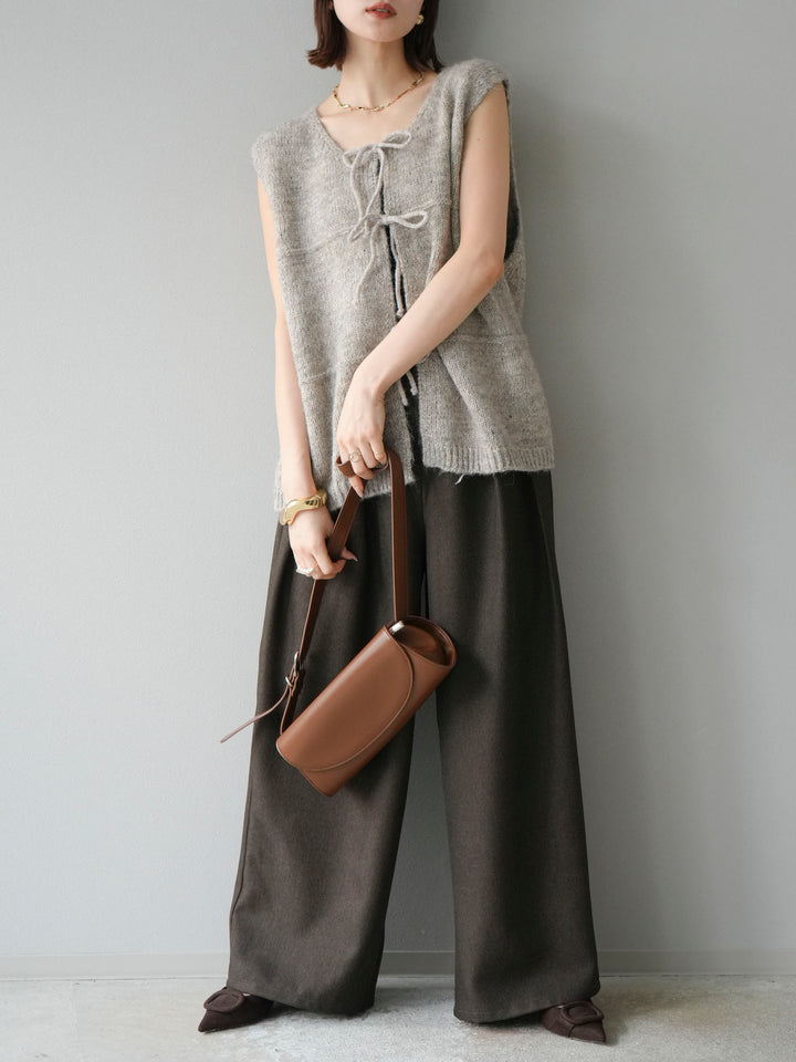 [予約]レザーパイピングタックワイドパンツ/ブラウン