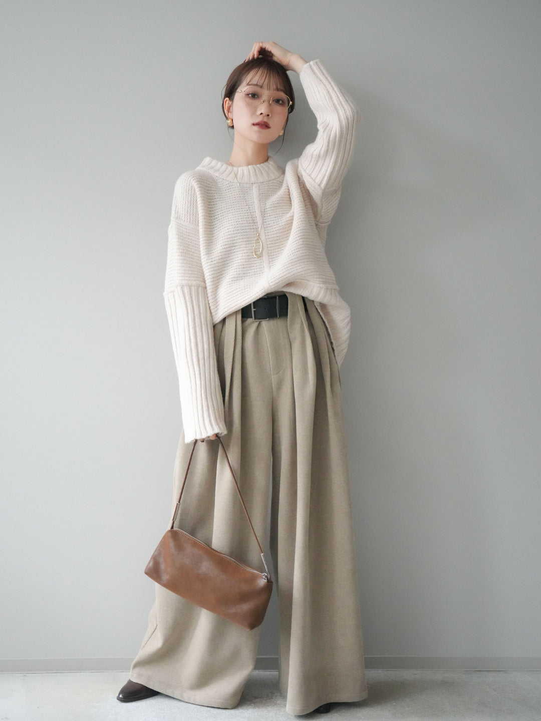 [予約]ベルトデザインループコールテンワイドパンツ(ベルト付き)/beige