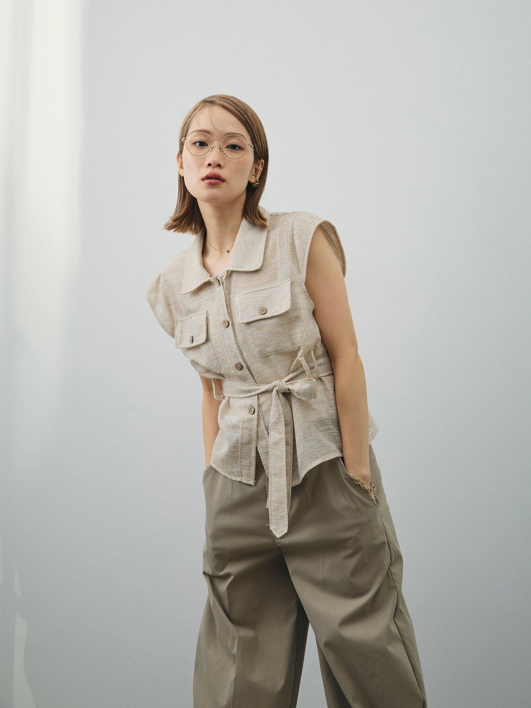 [SET]ミックスヤーンメッシュブラウス+コクーンワイドチノパンツ(2set)