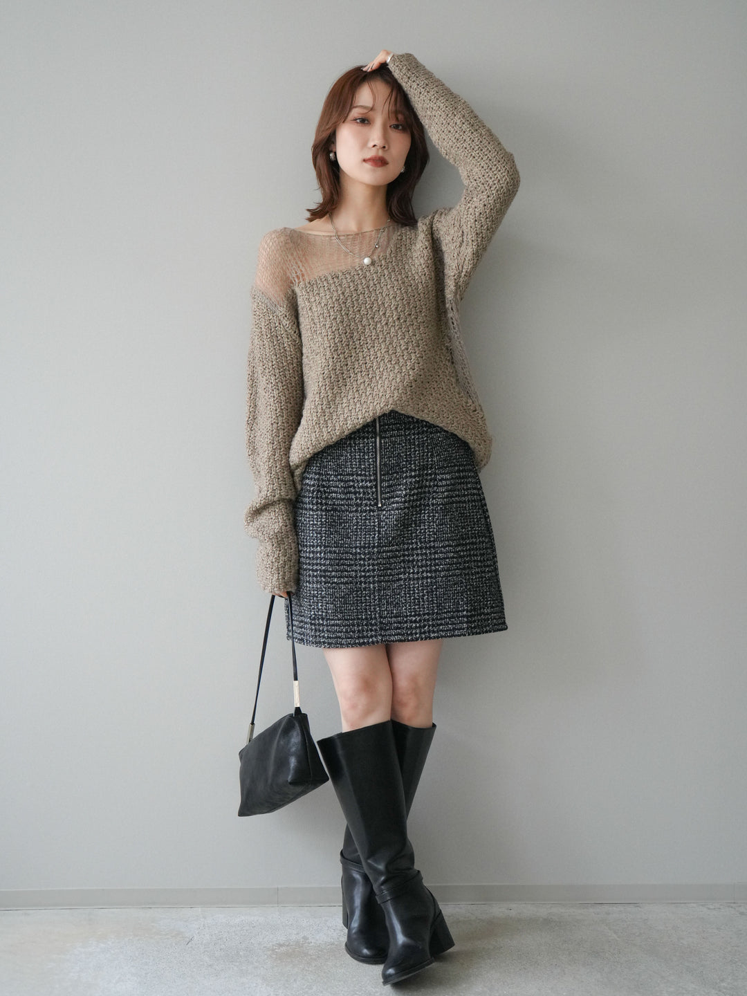 [予約]フロントZIPアソート柄ミニスカート/black