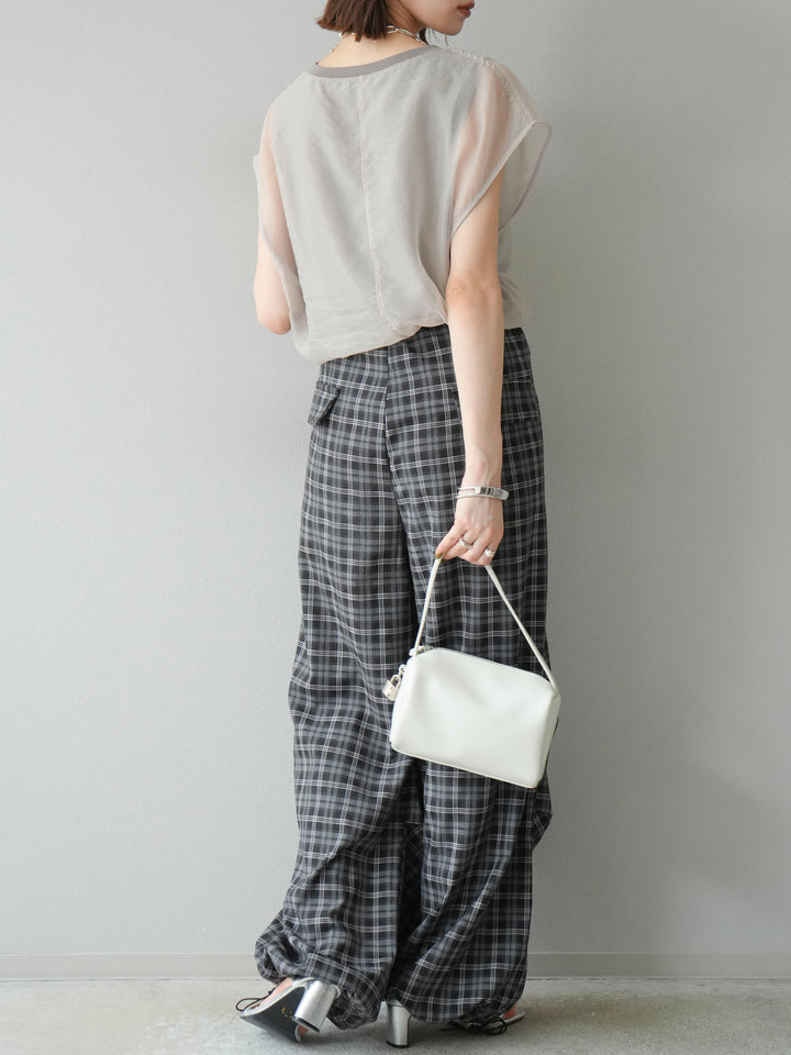 [予約]チェック柄ウエスト巻きドロストパンツ/ブラック