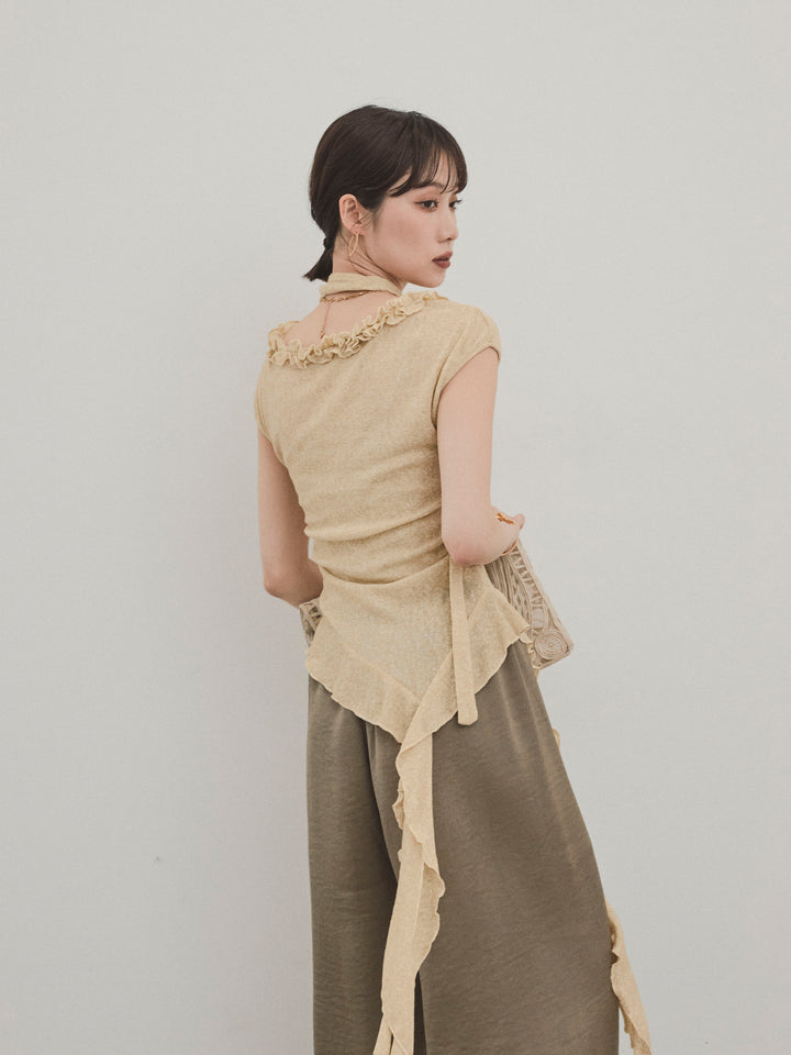 [SET]ラッフルシアーニットタンクトップ+サテンイージーパンツ(2set)